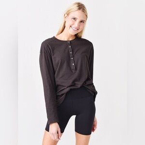 XIRENA Lyle Neutral Button Henley Relaxed Fit Long Sleeve Cotton Tee Shirt Top
